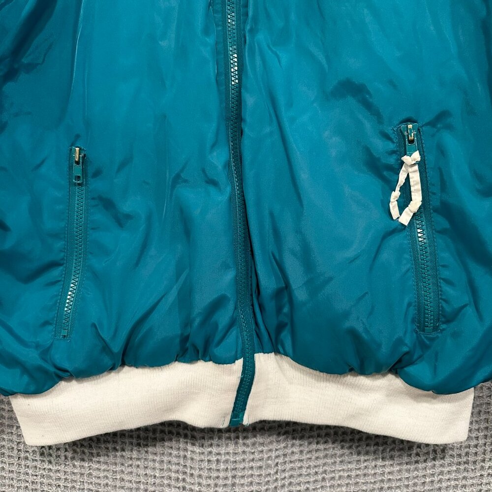 Vintage 90s Y2K Women's Medium Teal and White Reversible Puffer Bomber Jacket - Picture 4 of 12